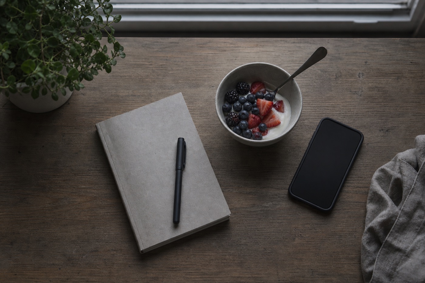 A desk seen from above with a notebook, a bowl of yogurt with berries and a phone with a dark screen